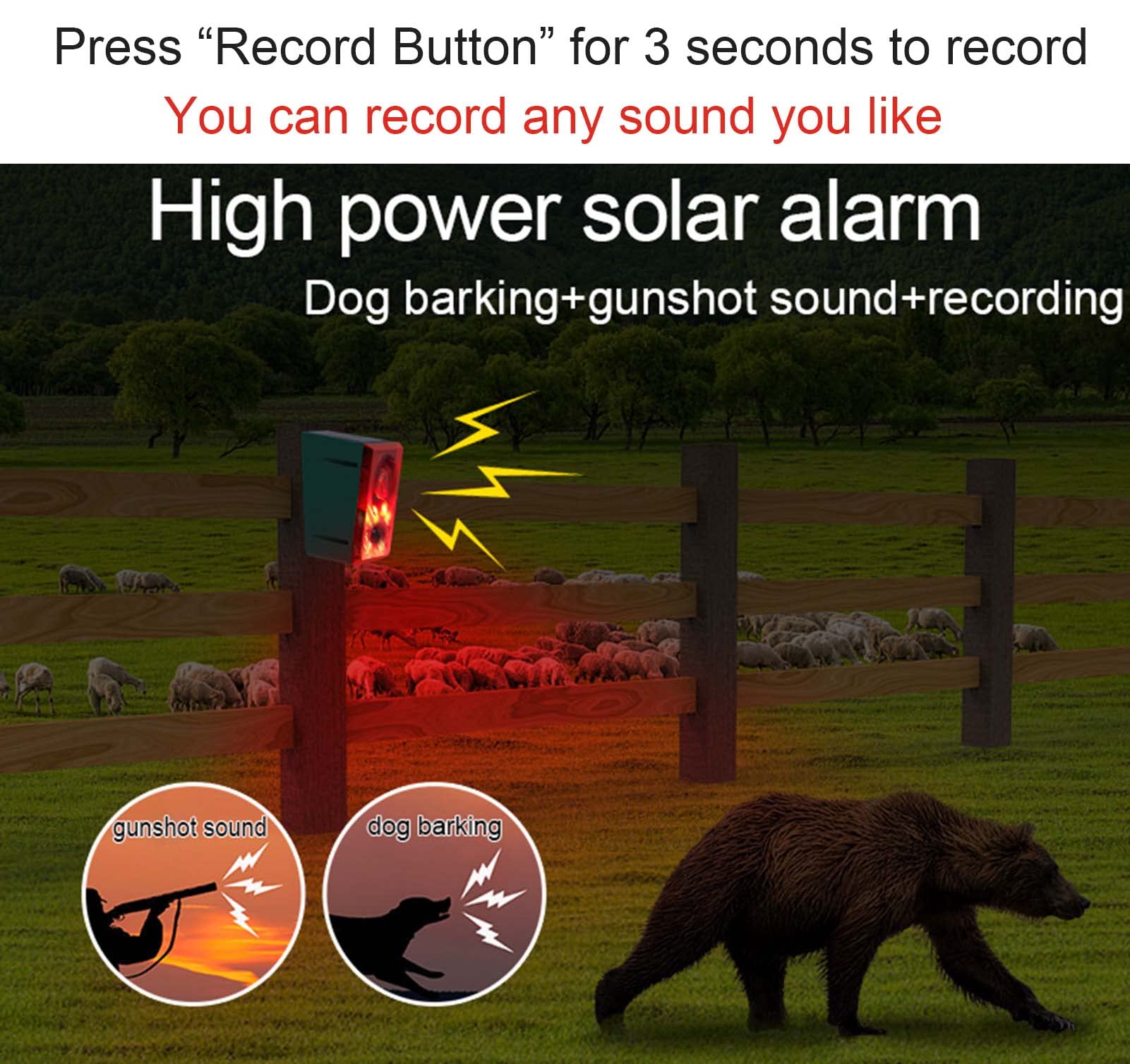 LAFEINA Solar Sound & Strobe Light Alarm Motion Detector, Gunshot & Dog Barking & Recording, Record 20S Custom Message Siren Security Alert System for Farm Barn Villa (1)