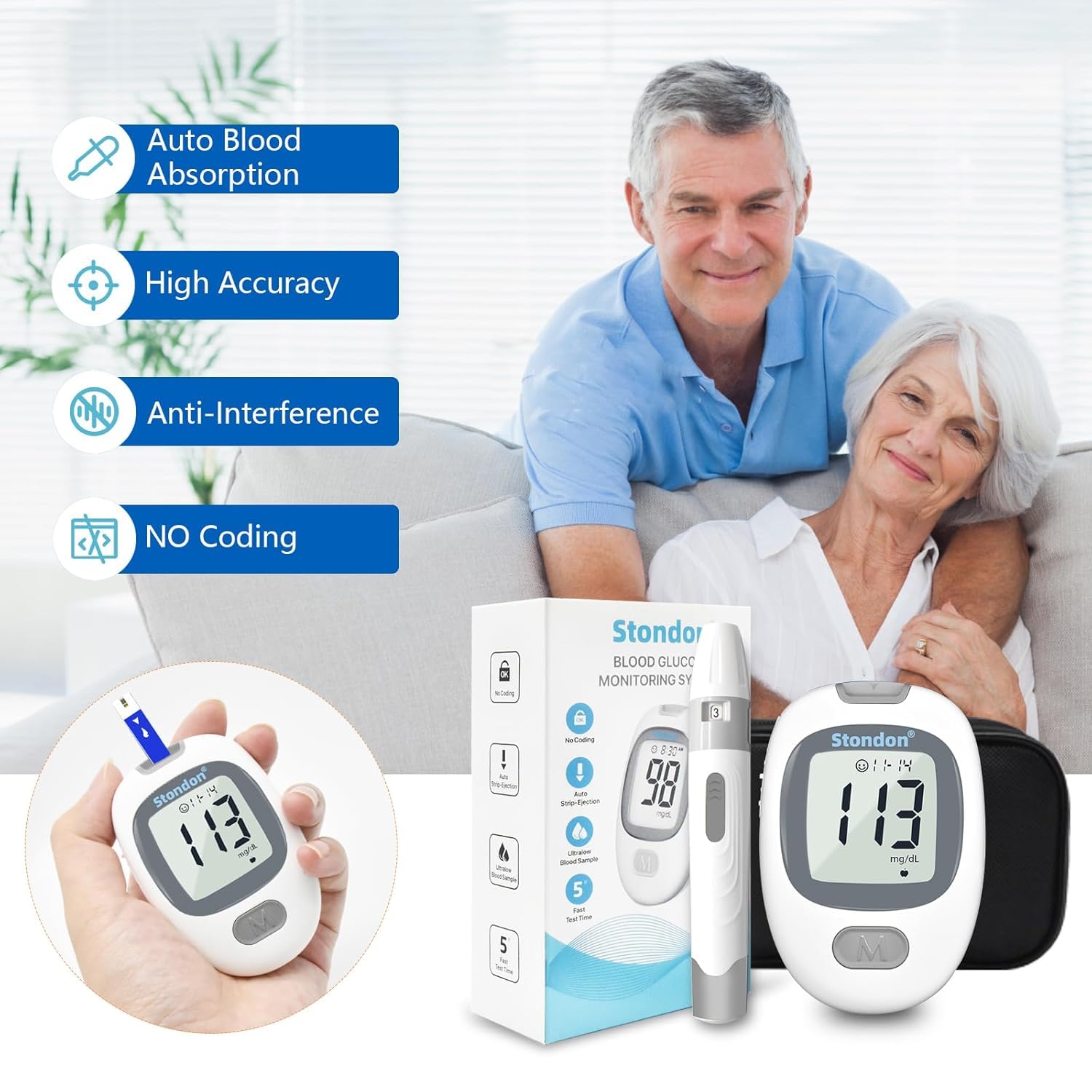 G430 Blood Glucose Monitor Kit, 50 Test Strips & 50 Lancets, 1 Control Solution, 1 Blood Sugar Monitor, 1 Lancing Device, Diabetes Testing Kit, No Coding, Large Display, Glucometer for Home Use