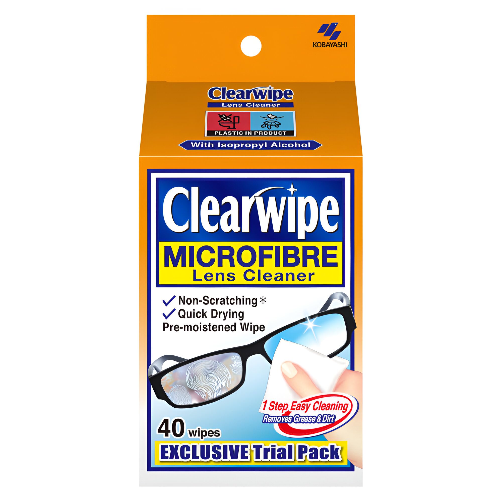 Clearwipe Lens Cleaner - 40 Lens Wipes, Microfibre, Individually Wrapped, for Glasses, Sunglasses, Smartphones, Screens