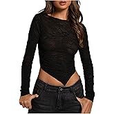 Floerns Women's Sheer Lace Long Sleeve T Shirt Crew Neck Asymmetrical Hem Crop Tops