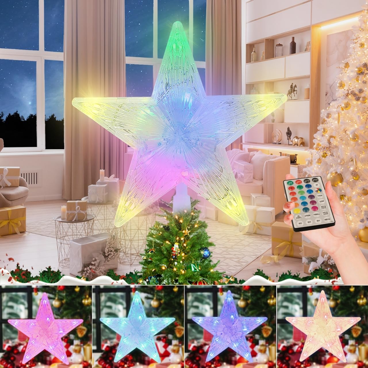 Tree Toppers - Kondec Christmas Star Tree Topper 7'' LED Lighted Star Treetop with Remote Control Classic for Outdoor Christmas Decoration, Waterproof - Battery Operated