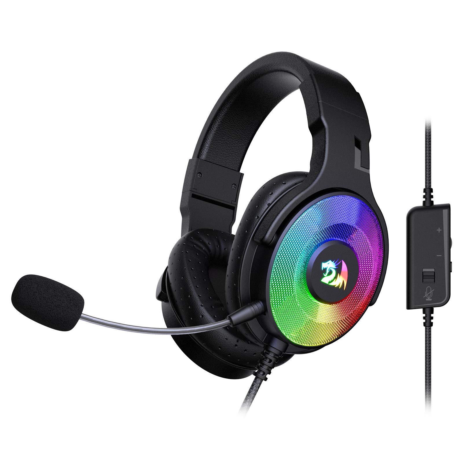 Redragon H350 RGB Auriculares para juegos con cable, retroiluminación RGB dinámica - Sonido envolvente estéreo - Controladores de 50 mm - Micrófono desmontable, auriculares supraaurales que funcionan para PC/PS4/XBOX One/NS