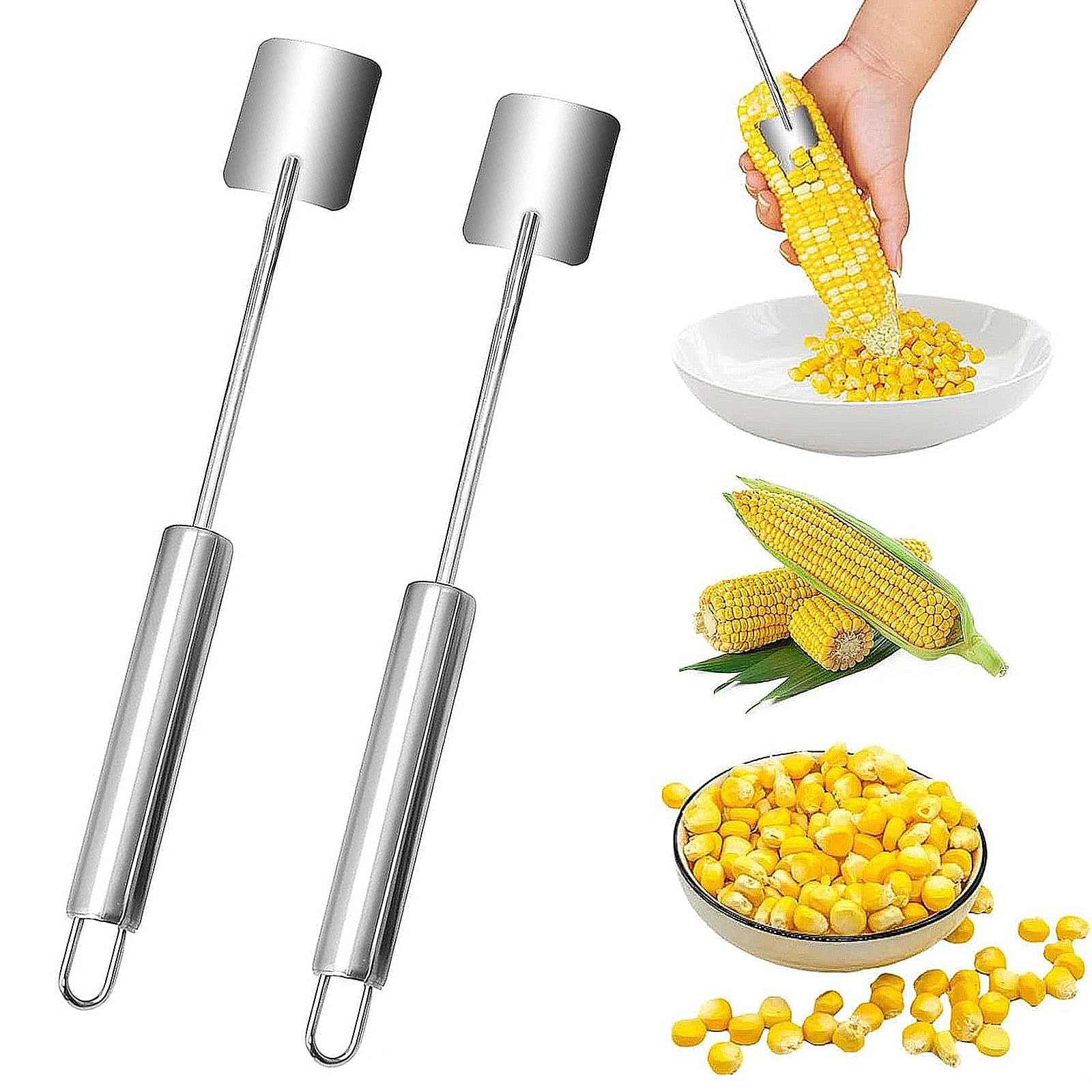 Photo 1 of 2 Pcs Corn Peeler for Corn on the Cob Remover, New Long Handle Stainless Steel Corn Stripper Tool, Easy Clean Corn Cob Peeler for Home Kitchen