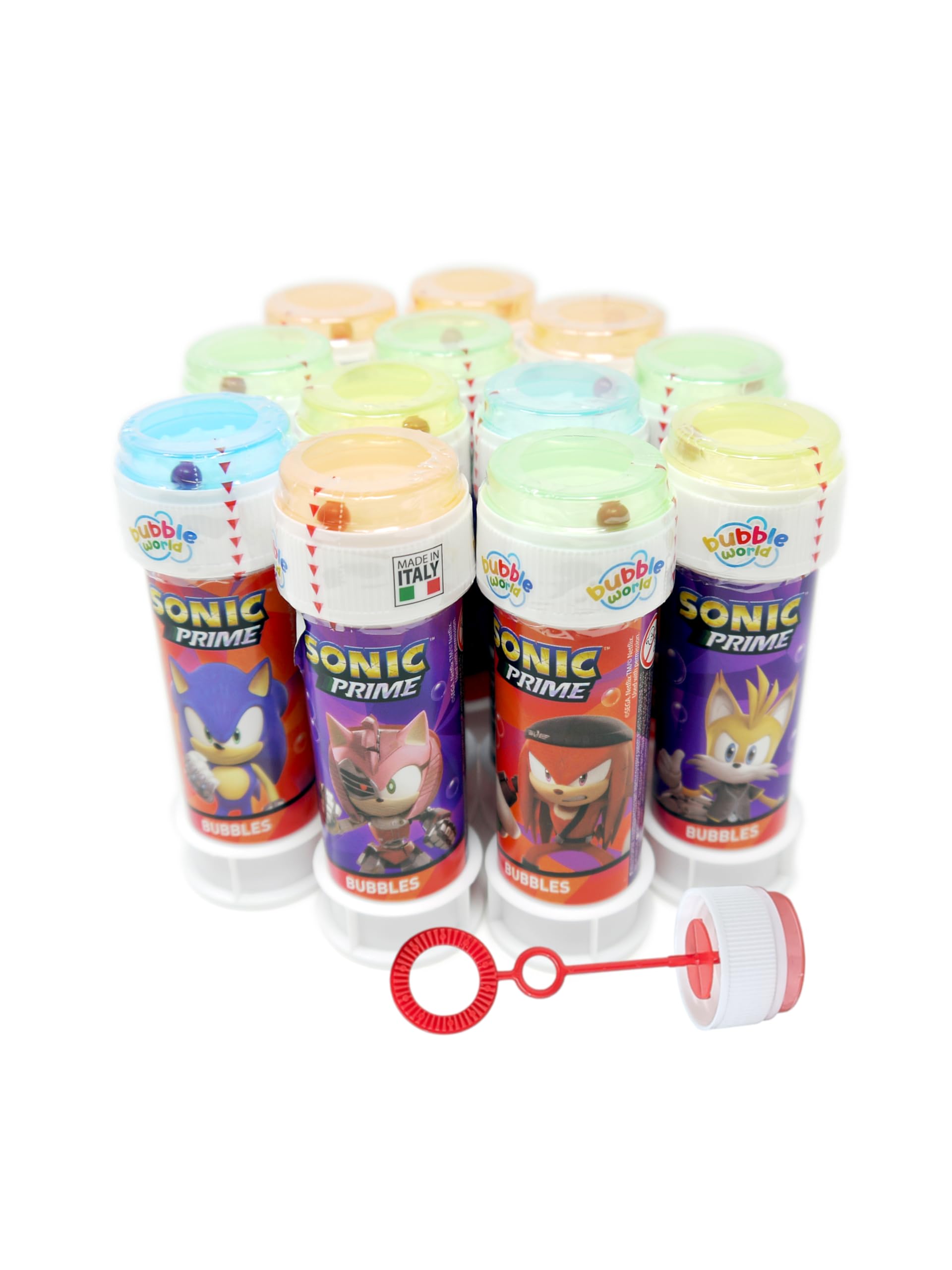 Anila's Sonic Bubble Tubs with Wands, 60ml Solution & Maze Lid, Set of 12, Party Bag Fillers & Favours, Ages 3+ (SONIC, 12, count)