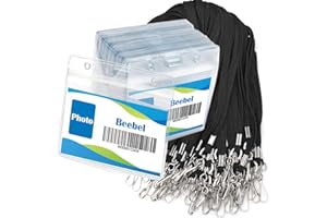 Beebel Lanyard with Waterproof ID Card Holder 50Pcs Clear Plastic Horizontal Name Tags Badge ID Card Holders and 50Pcs Lanyards with Swivel J Hook (Black)