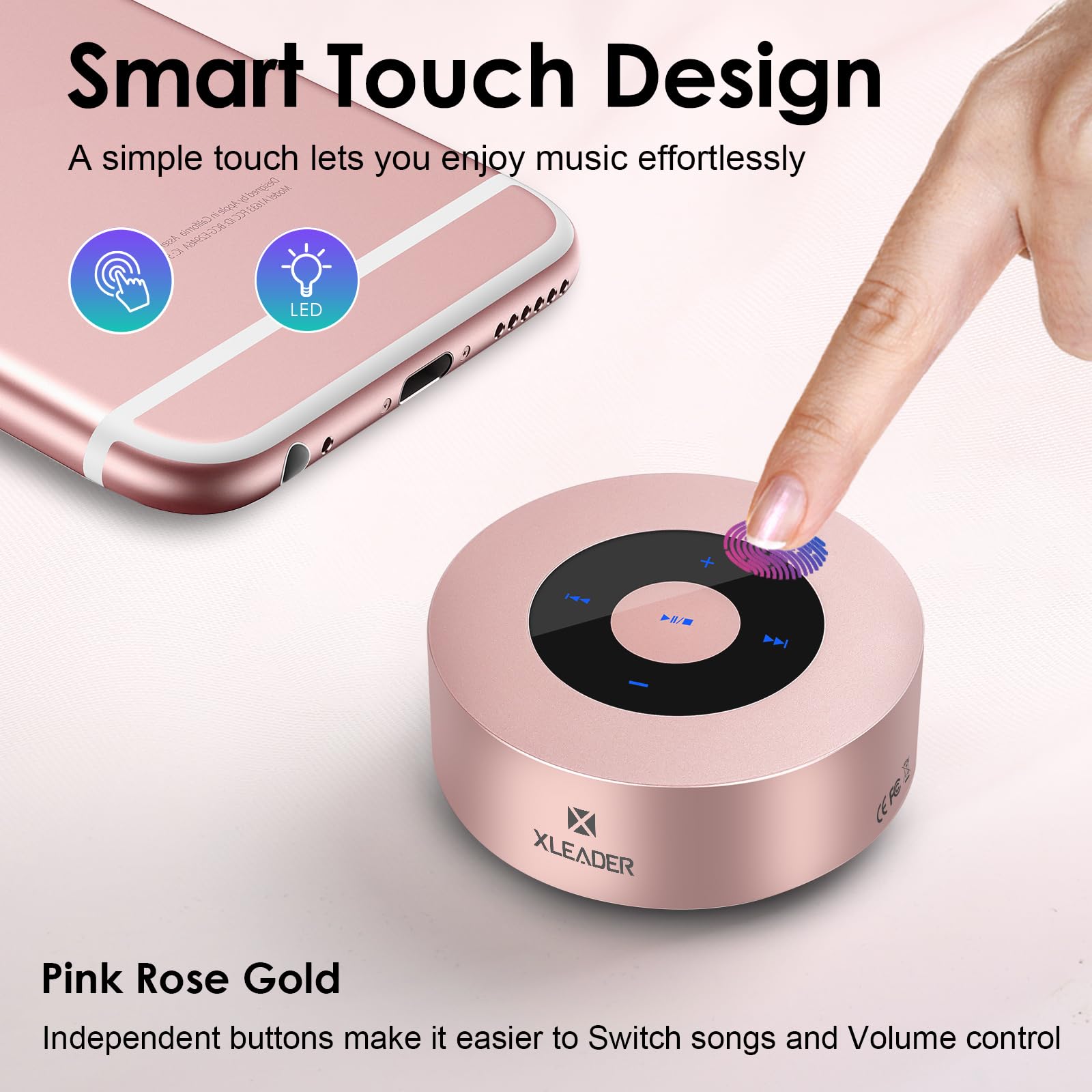 XLEADER Mini Bluetooth Speaker (Travel Case Provided) HD Sound&Rich Bass, Touch Design, 12-15H Playtime, Support Aux Input, Micro SD, Mic, for iPhone Laptop Shower Office, Ideal Gifts, Pink Rose Gold