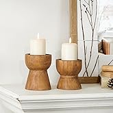 NIKKY HOME Farmhouse Wooden Candle Holders Set of 2, Rusitc Solid Wood Pillar Candlesticks Pedestal, Fireplace Mantle Table Centerpiece Decor, Brown