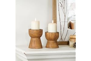 NIKKY HOME Farmhouse Wooden Candle Holders Set of 2, Rusitc Solid Wood Pillar Candlesticks Pedestal, Fireplace Mantle Table Centerpiece Decor, Brown