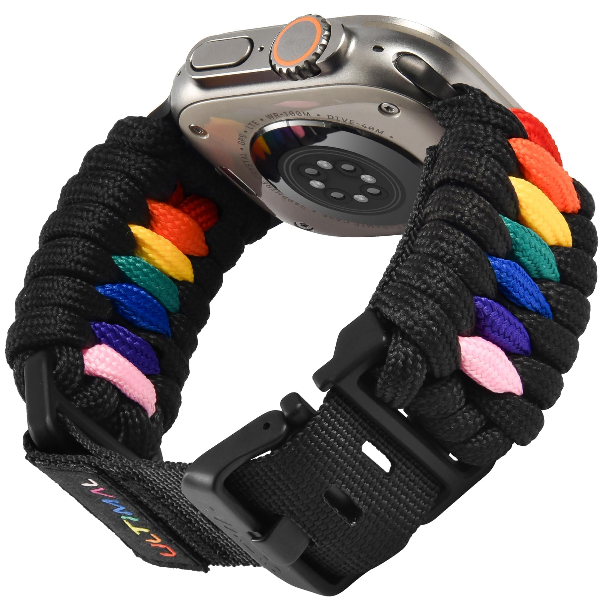 ULTIMAL Compatible with Apple Watch Straps Series 11/10/9/8/7/6/5/4/SE/SE2/SE3 Ultra 3/2/1, Nylon Braided 550 Paracord Sport Band for iWatch Strap 46mm 45mm 44mm 49mm (L, Black-Rainbow)