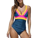 popvil One Piece Swimsuit Women 2025 Tummy Control Neon Color Block Bathing Suit Deep Vneck Tie Back Swim Suits Beach