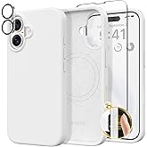 GONEZ Magnetic for iPhone 16 Case, Compatible with MagSafe, [Screen Protector + Camera Lens Protector], Liquid Silicone Shockproof Protective Phone Case for iPhone 16 6.1", White