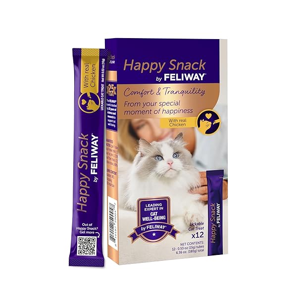 HAPPY SNACK BY FELIWAY®, DELICIOUS, LICKABLE, SQUEEZABLE PURÉE CAT TREATS FOR A DAILY CALMING ROUTINE, MADE WITH REAL CHICKEN, 12 PACK (0.5OZ TUBES)