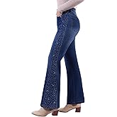 GRAPENT Flare Jeans for Women High Waisted Trendy Wide Leg Embellished Rhinestone Sparkly Concert Stretchy Denim Pants