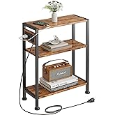 Vantimo End Table with Charging Station, 3-Tier Side Table for Small Space, Skinny Nightstand with USB/Type C Port and 2 Outlets, Slim Beside Table for Living Room, Bedroom, Balcony, Rustic Brown