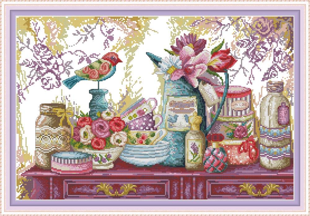 WOWDECOR Cross Stitch Embroidery Kits for Adults Kids, Colorful Flowers Cup Birds 11CT Stamped DIY DMC Needlework Easy Beginners
