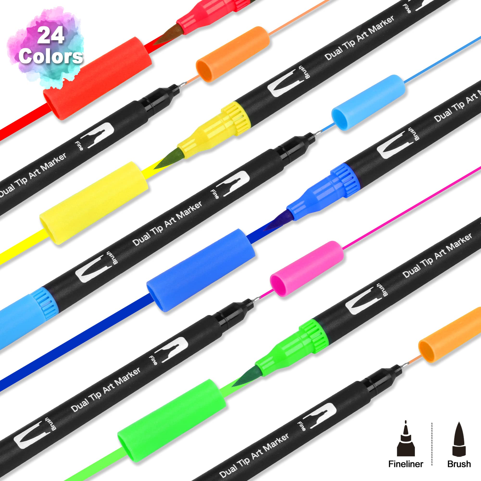wonsar Dual Brush Pen Set: Filzstifte 24 Farben Dicke und Dünne Pinselstifte Marker Fineliner Aquarell Für Bullet Journal, Malbücher, Handlettering, Mandala stifte Malstifte Für Kinder und Erwachsene 6