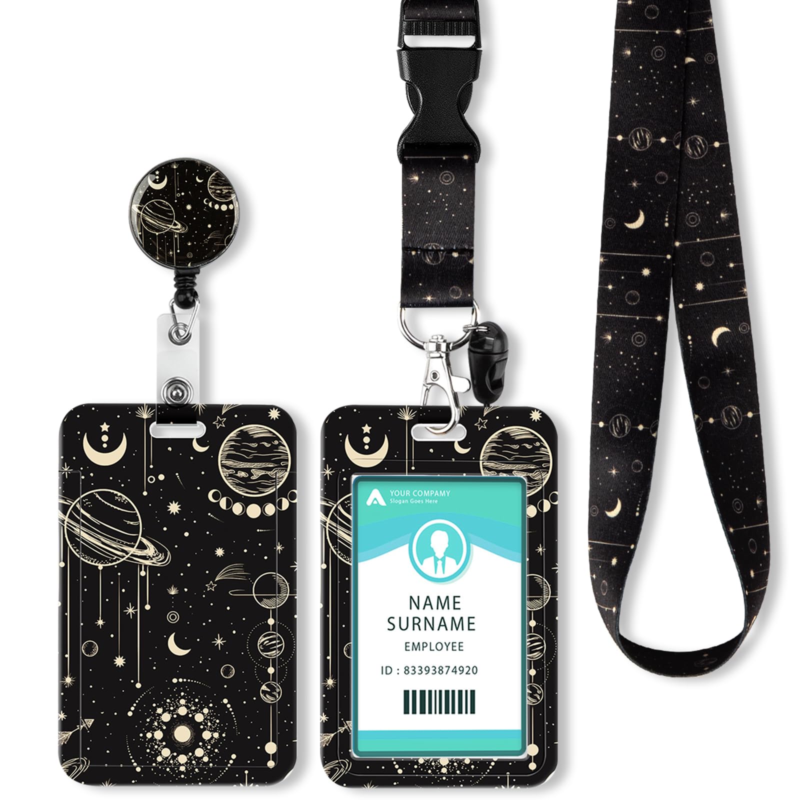 Lanyard with Card Holder, Adjustable Retractable Lanyards ID Badge Holder, for ID Card, Office, School(Moon)