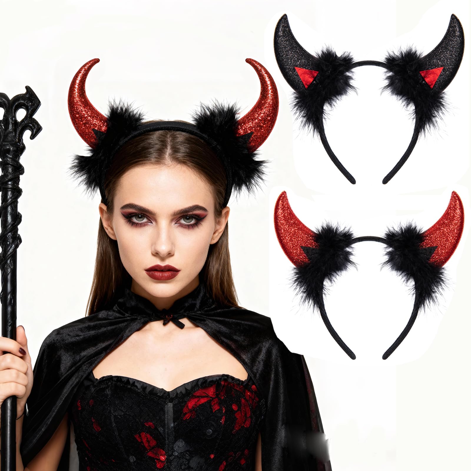 Hifot 2 Pack Devil Ears Black Devil Horns and Red Devil Horns Demon Horns Devil Headband Halloween Accessories Devil Fancy Dress Cosplay