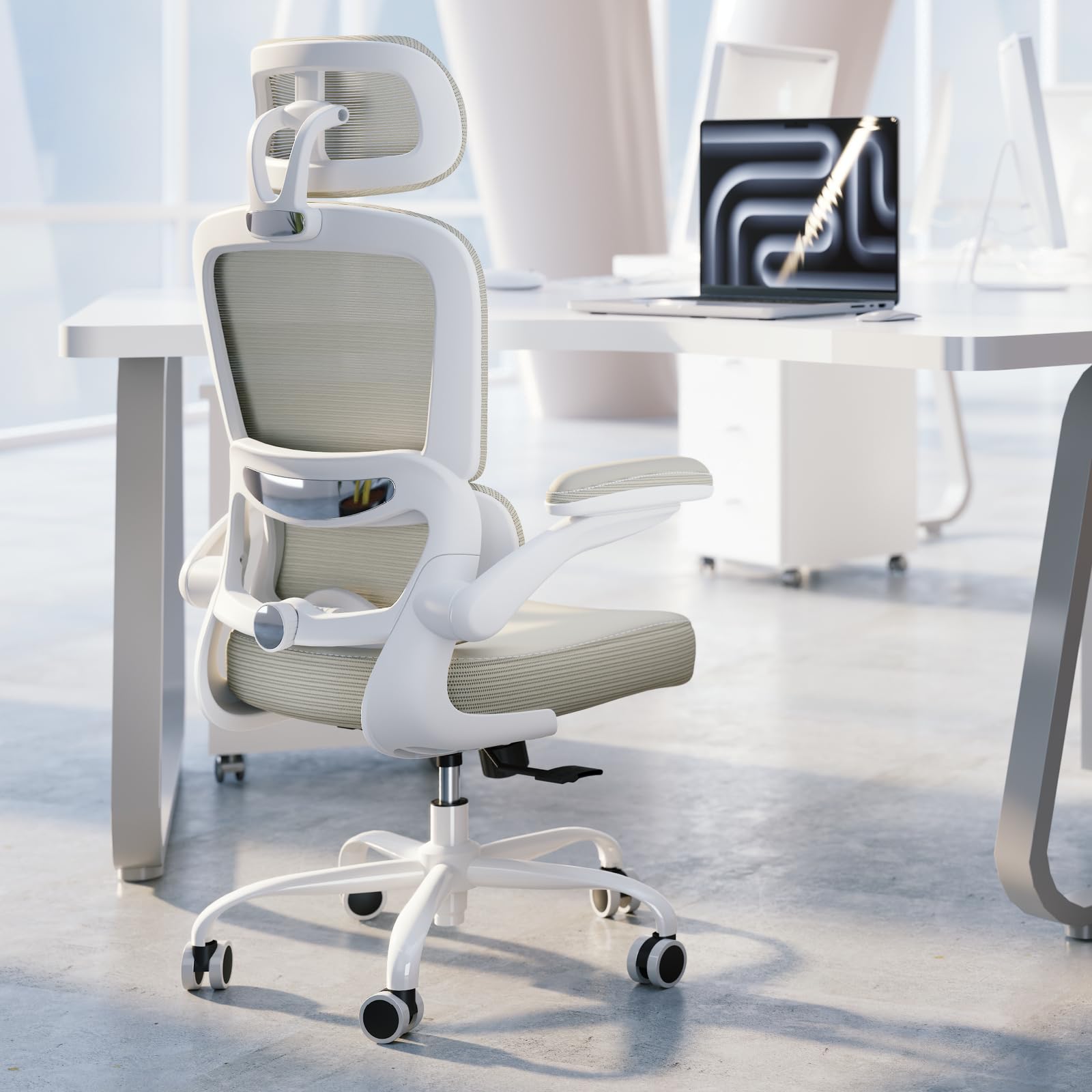 Photo 1 of *** MAY BE MISSING HARDWARE***** TRALT Ergonomic Office Chair - Desk Chair with Adjustable Headrest Lumbar Support Computer Chair - Mesh Comfy Chair with Flip-up Armrests - Gaming Chairs for Adults Home Office (Leather, Beige)