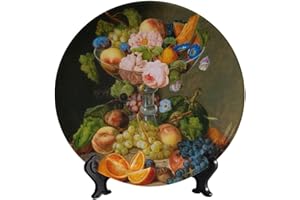 LIGUTARS Still Life Fruit Ceramic Hanging Decorative Plate, Flowers And Fruit in Tray Decorative Plate, with Decorative Plate Stand, for Living Room Bedroom Kitchen and Office Wall or Dining Table Decor