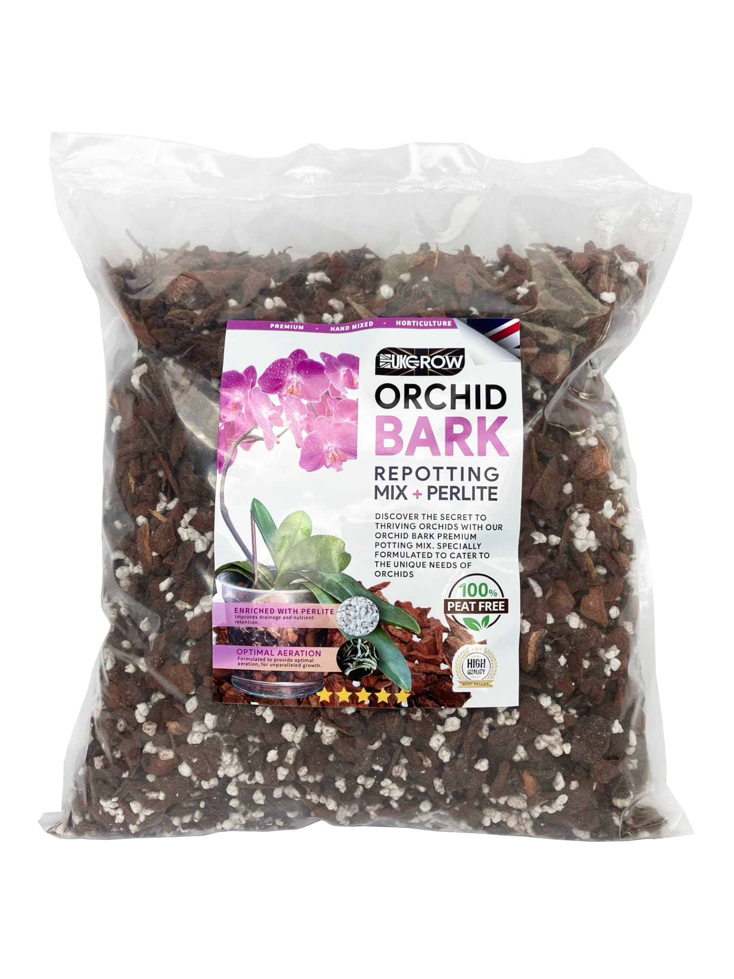 Specialized Orchid Bark Mix with Perlite - Perfect for Orchid Potting and Repotting - Enhances Drainage and Aeration (2L)