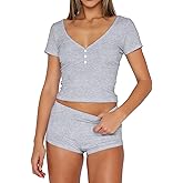 ForeFair Womens Pajama Sets Button Down Short Sleeve Tops and Shorts Cute Ribbed Knit Pj Set Sleepwear