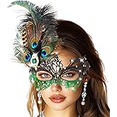 Campsis Rhinestone Masquerade Mask, Green Masquerade Ball Mask, Feather Party Masks for Women
