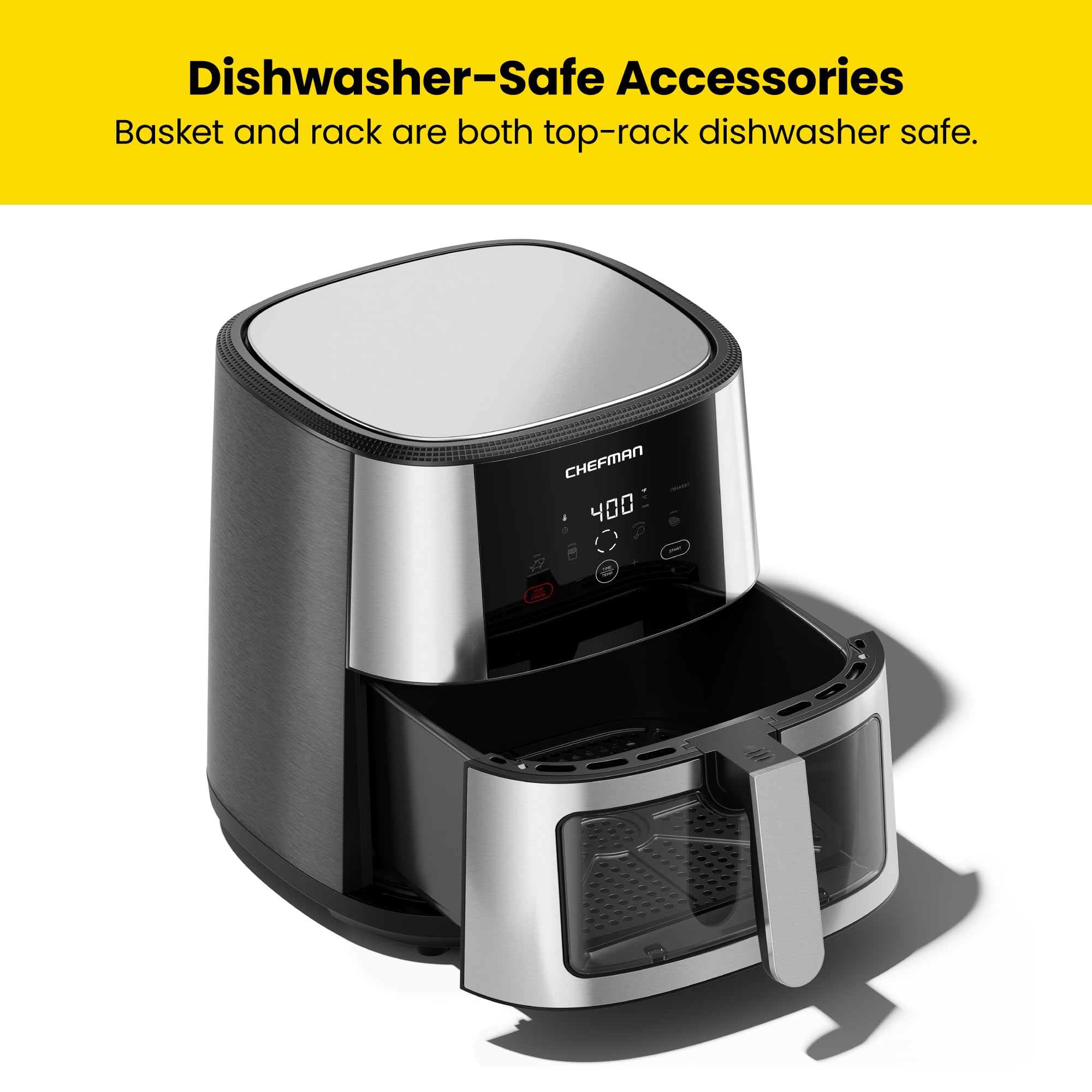 Freidora de aire CHEFMAN Easy-View - Tamaño familiar de 8 cuartos con ventana de visualización, control digital de un toque con 4 preajustes, antiadherente y apta para lavavajillas, asar, asar, deshidratar, hornear, apagado automático, acero inoxidable