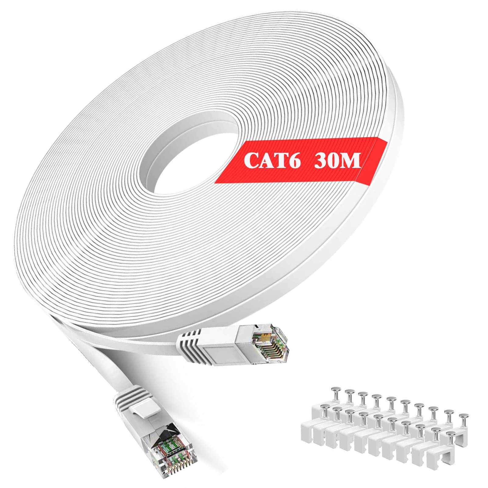 WISCENT 30 Metres Cat6 Ethernet Cable,Long Internet Gigabit Lan Network 30 AWG RJ45 High-Speed Patch Cord 250Mhz Flat Design 1Gbps for PC/Xbox/PS4/PS5/Modem/Router/Home Office (30m/100ft)