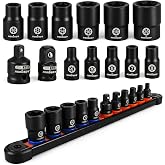 HORUSDY E-Torx Socket Set 13-Piece External Socket Set | 11-Piece Female E-Torx Sockets (E4-E20) Star Socket Set | 2-Piece Impact Socket Adapter Set