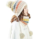 Women Winter Beanie Hat Circle Scarf Set Pompoms Peruvian Ski Snow Ear Flaps Cold Weather Warm Sherpa Knit Hats Fleece Lined
