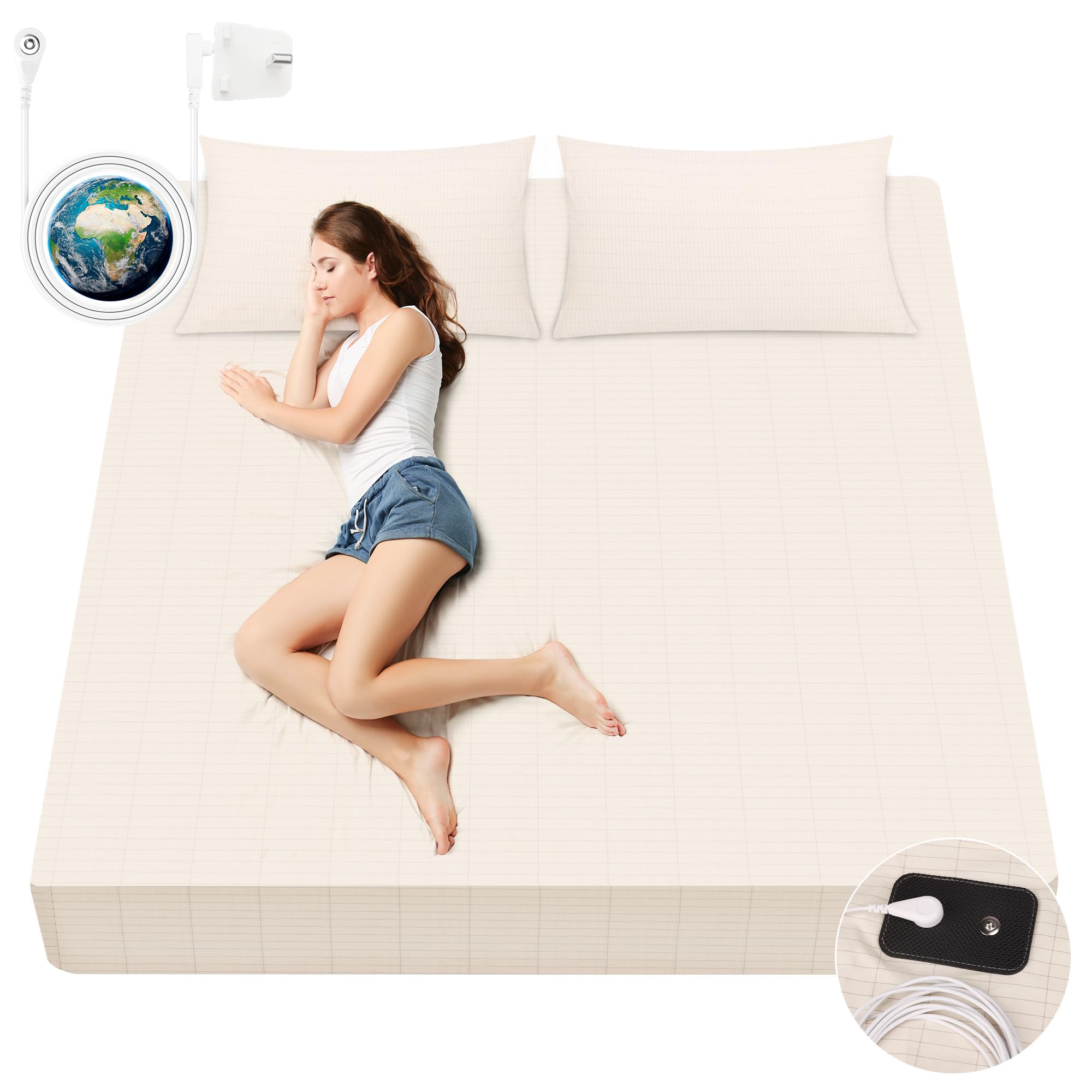 VigorVortex Grounding Fitted Sheets King Size 90% Organic Cotton and 10% Silver Fiber Grounding Sheet Improve Sleep with 15 feet Grounding Cord Beige 152x203x31cm