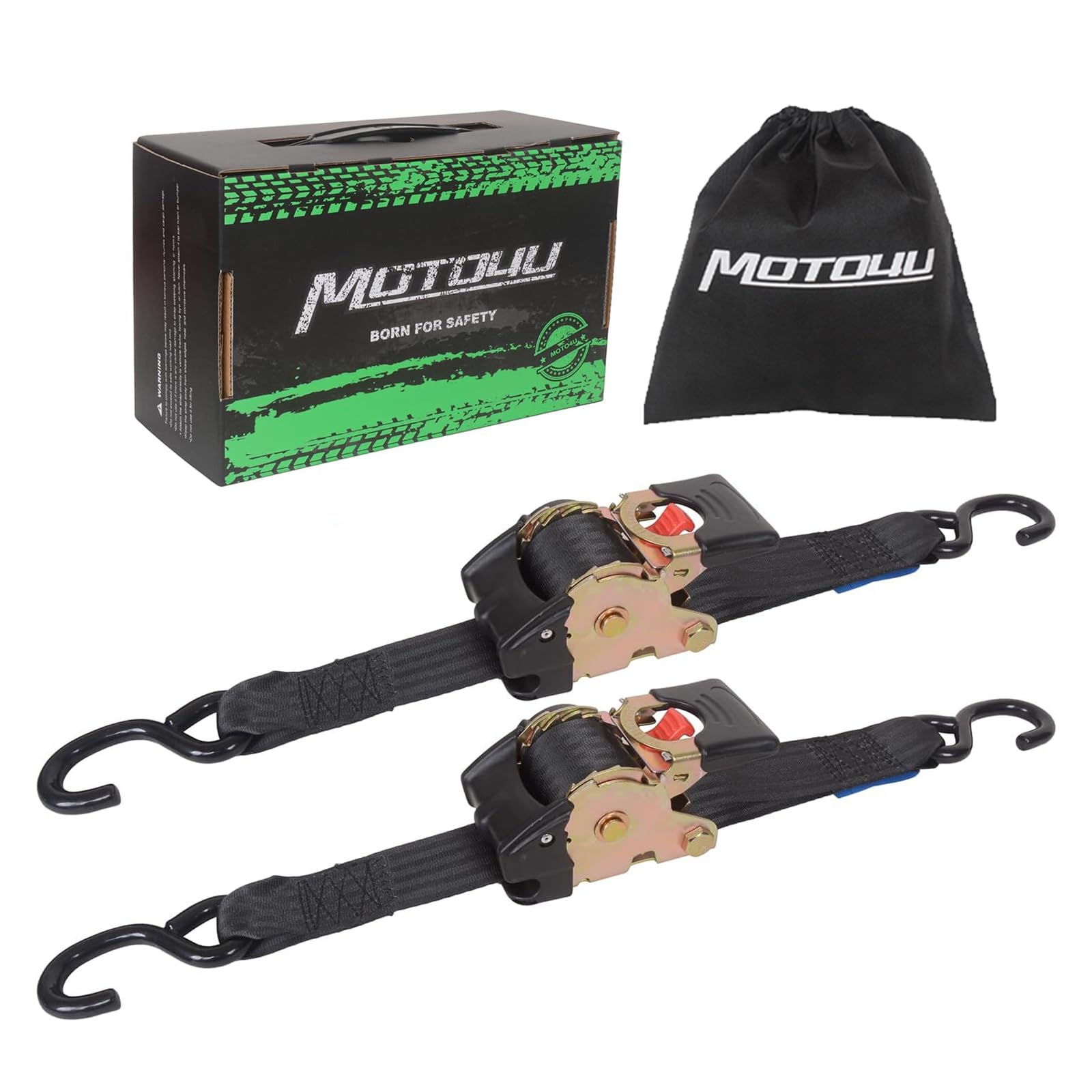 MOTO4U Retractable Ratchet Straps,2 Inch X 10 Ft - 3000lbs Break Strength, Self Ratcheting Straps for Motorcycle, Cargo, Trucks, Trailer, Luggage(2 pack)