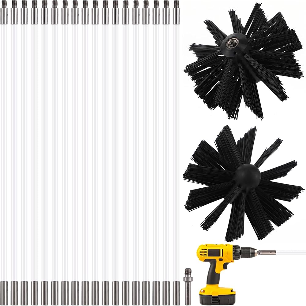 Ciieeo 24FT Chimney Sweep Kit with 18 Flexible Rods 2 Brush Heads Drill Adapter
