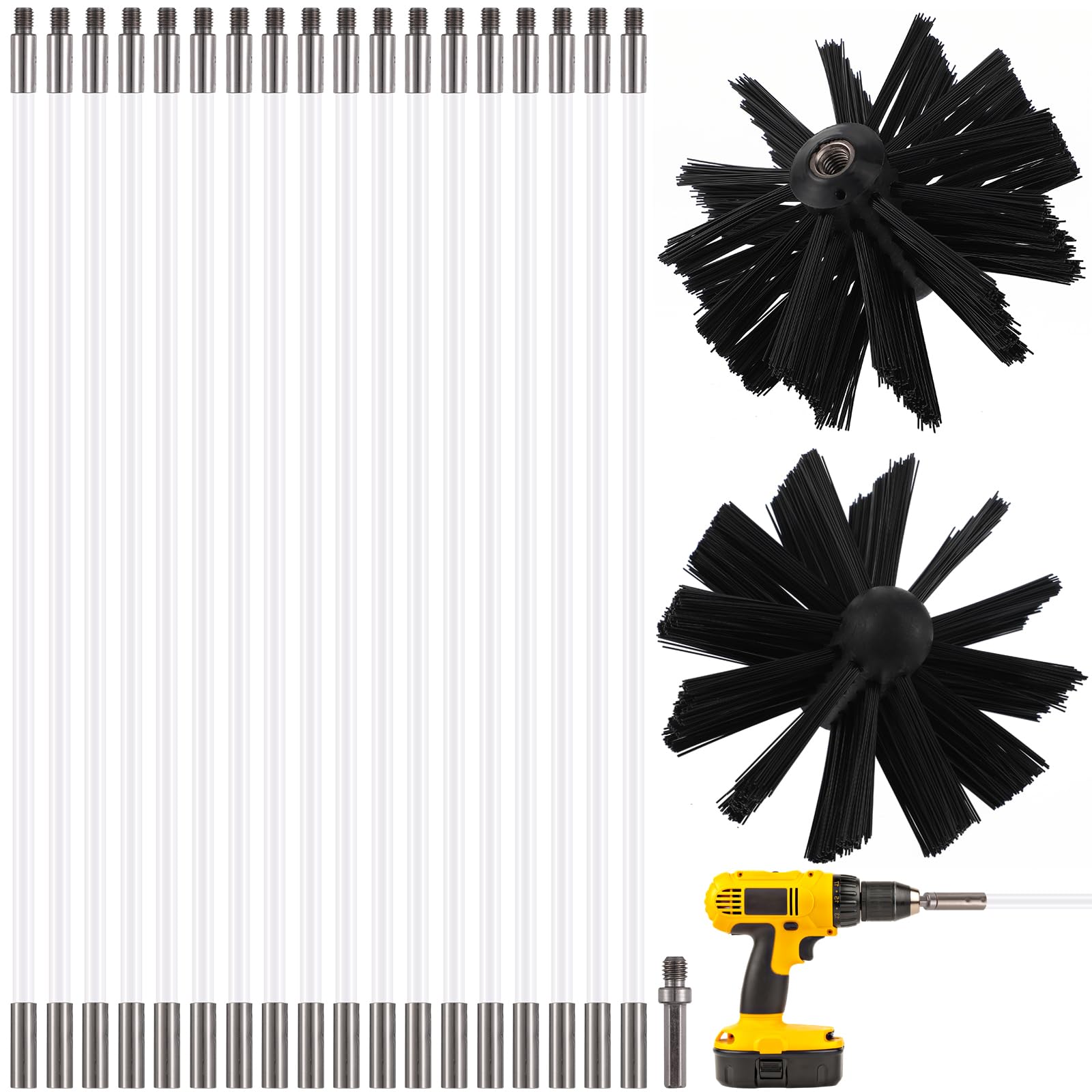 24FT Chimney Sweep Kit with 18 Flexible Nylon Rods, 2 Brush Heads and Hex Shank Drill Adapter, Flue Cleaning Brush Set for Fireplace and Stove Pipes