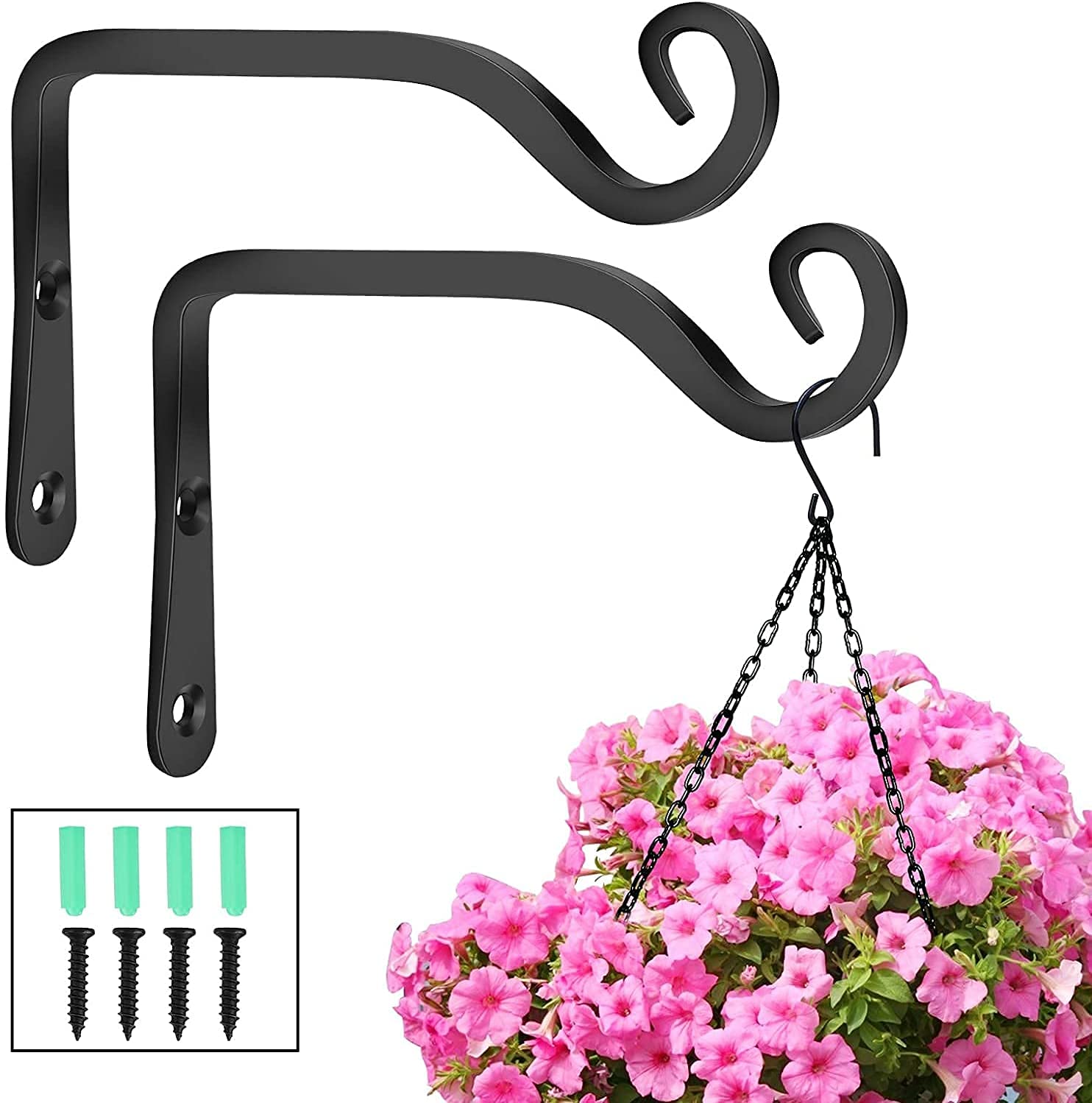 KSS 2Pcs Metal Wall Hanging Basket Bracket,Metal Wrought Iron Wall Hanging Basket Brackets for Garden Bird Feeders, Planters, Lanterns, Wind Chimes