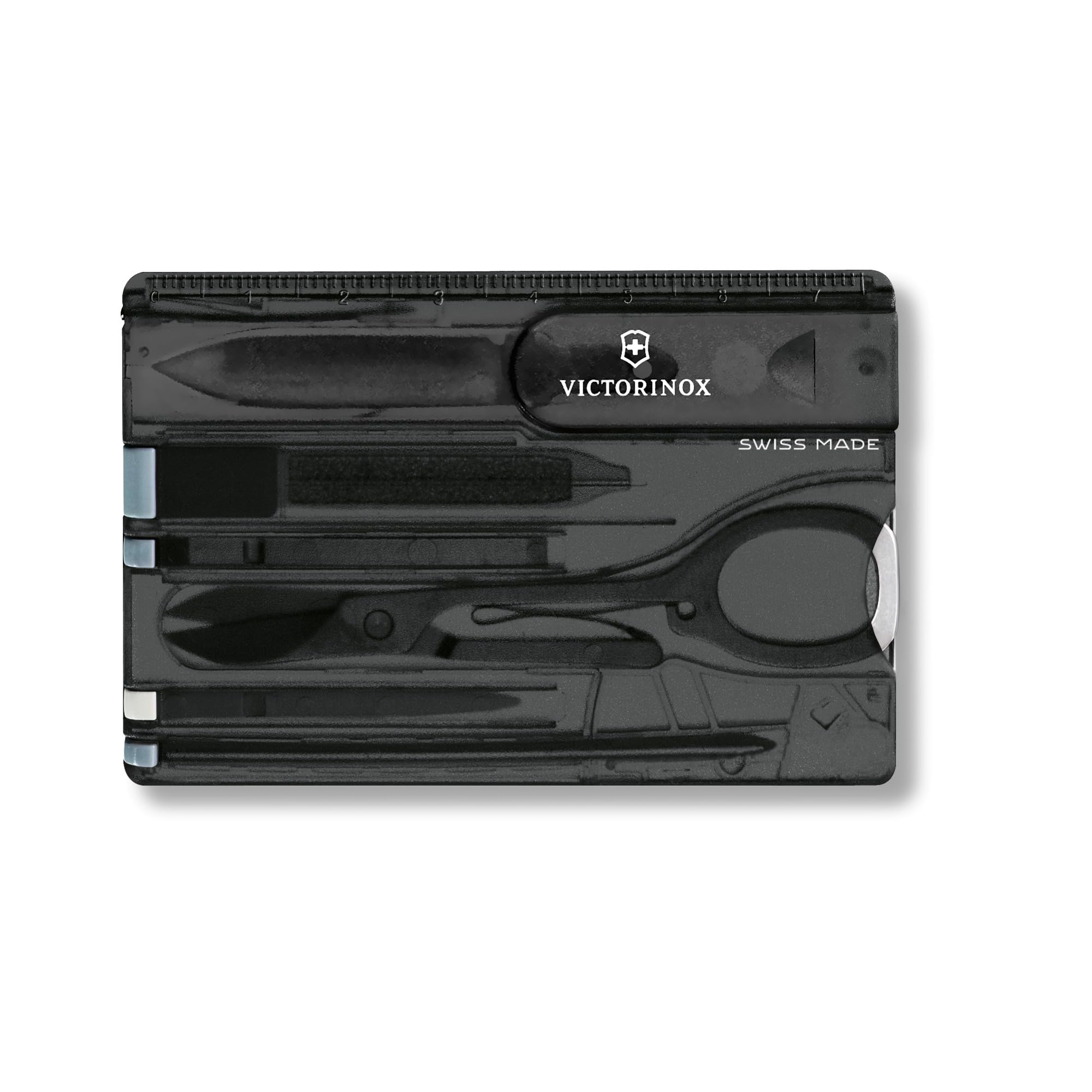 Victorinox Swiss Card, Swiss Army Card Knife, Multi Tool Credit Card Size, 10 Functions, Pen, Scissors, Black Transparent