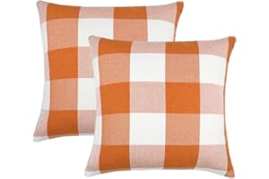 4TH Emotion Set of 2 Farmhouse Buffalo Check Plaid Throw Pillow Covers Cushion Case Polyester Linen for Fall Home Decor Orange and White, 18 x 18 Inches