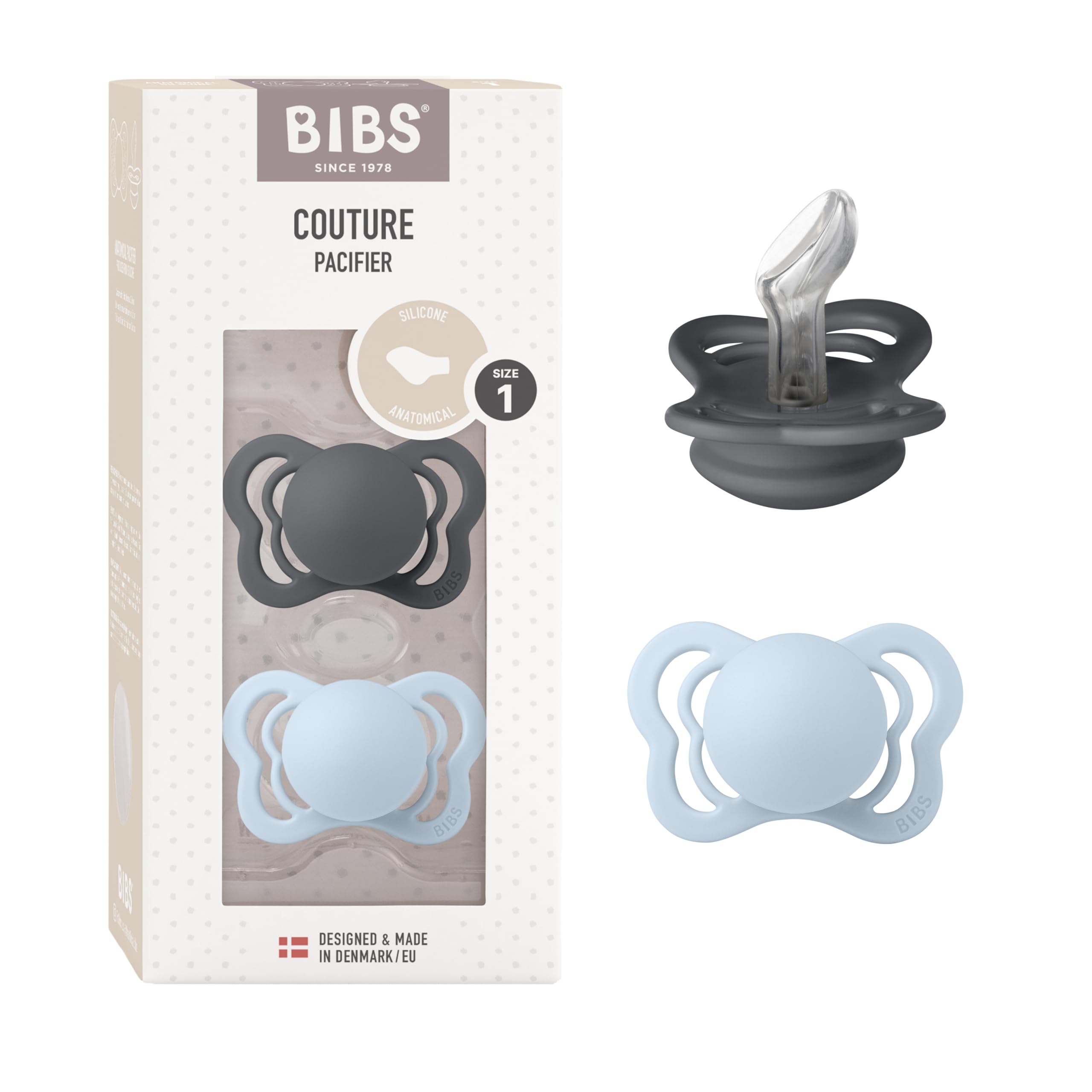 Photo 1 of BIBS Pacifiers - Couture Collection | BPA-Free Anatomical Nipple | Silicone | Made in Denmark | Set of 2 Iron/Baby Blue Color Premium Soothers | Size 0-6 Months