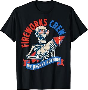 Proud American Patriotic Vintage Skeleton Fireworks Crew T-Shirt