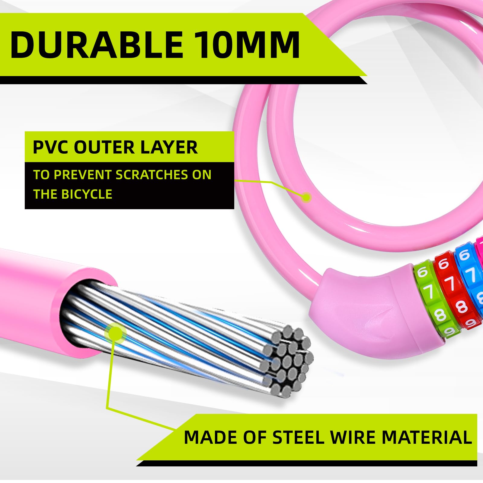 SPGOOD Fahrradschloss mit Zahlen für Kinder(10 x 650MM),Anti-Diebstahl Kabelschloss Code Kombination,Fahrrad Zahlenschloss für Mädchen Jungen,Fahrrad Zubehör Kinder Fahrrad Schloss (Rosa) 6