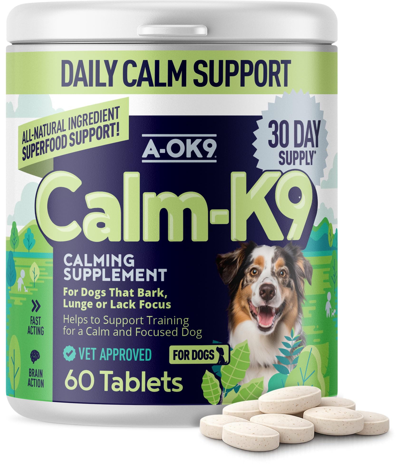 A-OK9 Calming Tablets for Dogs - 60 Tabs, Aids Anxiety Relief, Fireworks, Stress & Barking - Tasty Treats Calming Supplement for Dogs - Natural Ingredients that Improves Behaviour - All Ages & Breeds