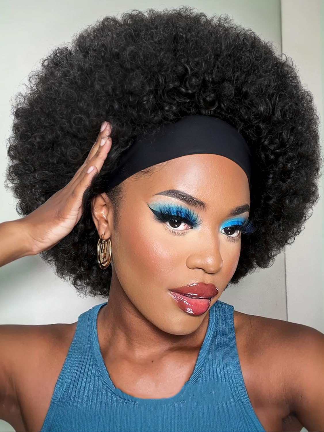 Headband Wig Human Hair 180% Density Curly Wigs for Black Women Glueless Wig with Band Brazilian Virgin Wear and Go Afro Kinky Curly Half Wig No Lace Front 10 Inch