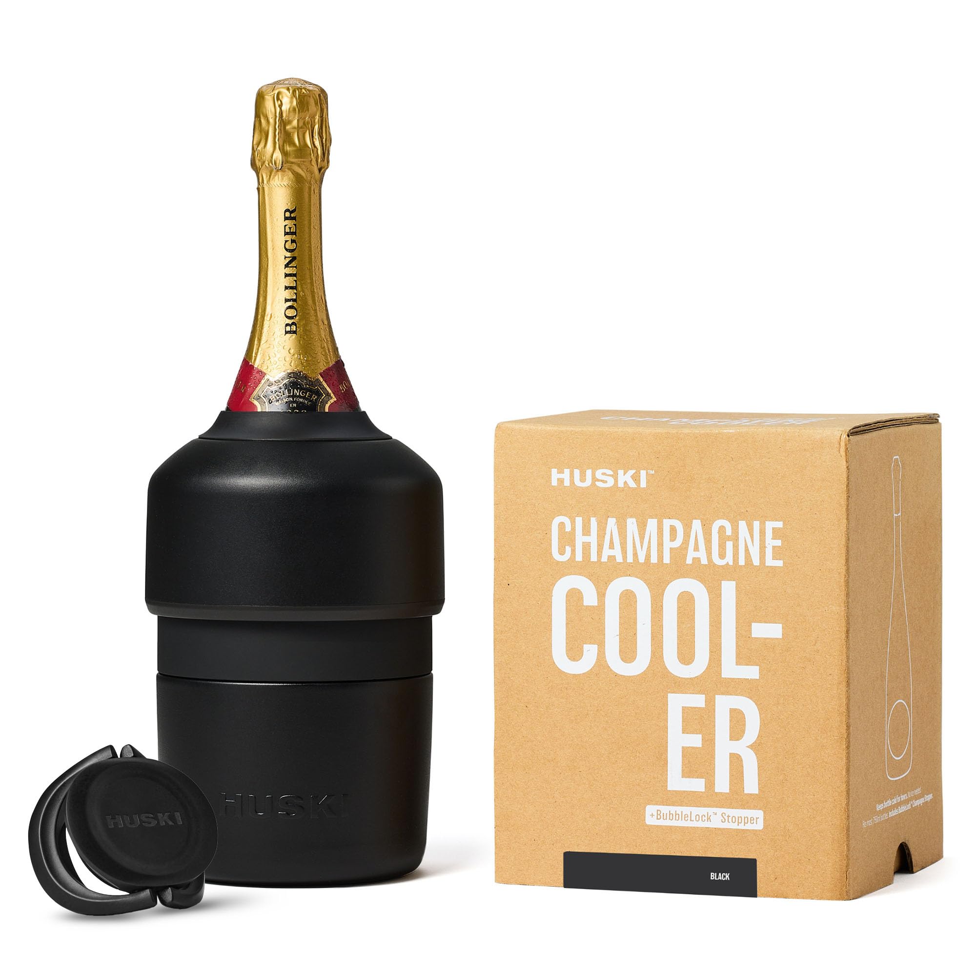 Huski Champagne Cooler | New | Award-Winning Iceless Design with Detachable Bottle Stopper | Keeps Wine Cold up to 6 Hours | Fits Most 750ml Champagne, Prosecco & Sparkling Wine Bottles (Black)