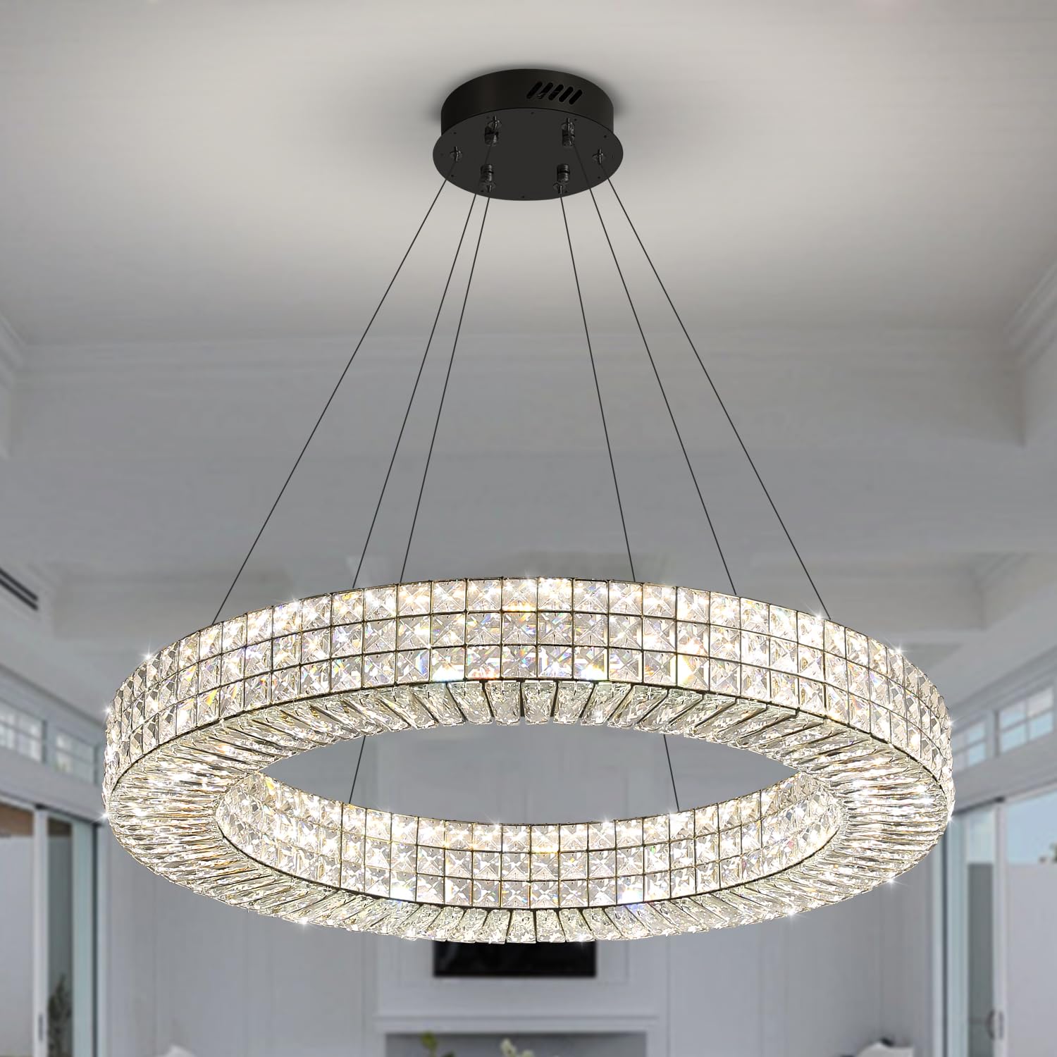 Photo 1 of ykolupty Dia 32" Ring Crystal Chandelier Modern Black Ring Chandelier Adjustable Height Luxury Crystal Pendant Ceiling Light Fixture for Dining Living Room Bedroom
