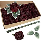 INSUNSIX Fake Roses,16PCS Burgundy Flowers Artificial Silk Roses with Stems for Wedding Bouquets Party Bridal Shower Home Decor(Burgundy)