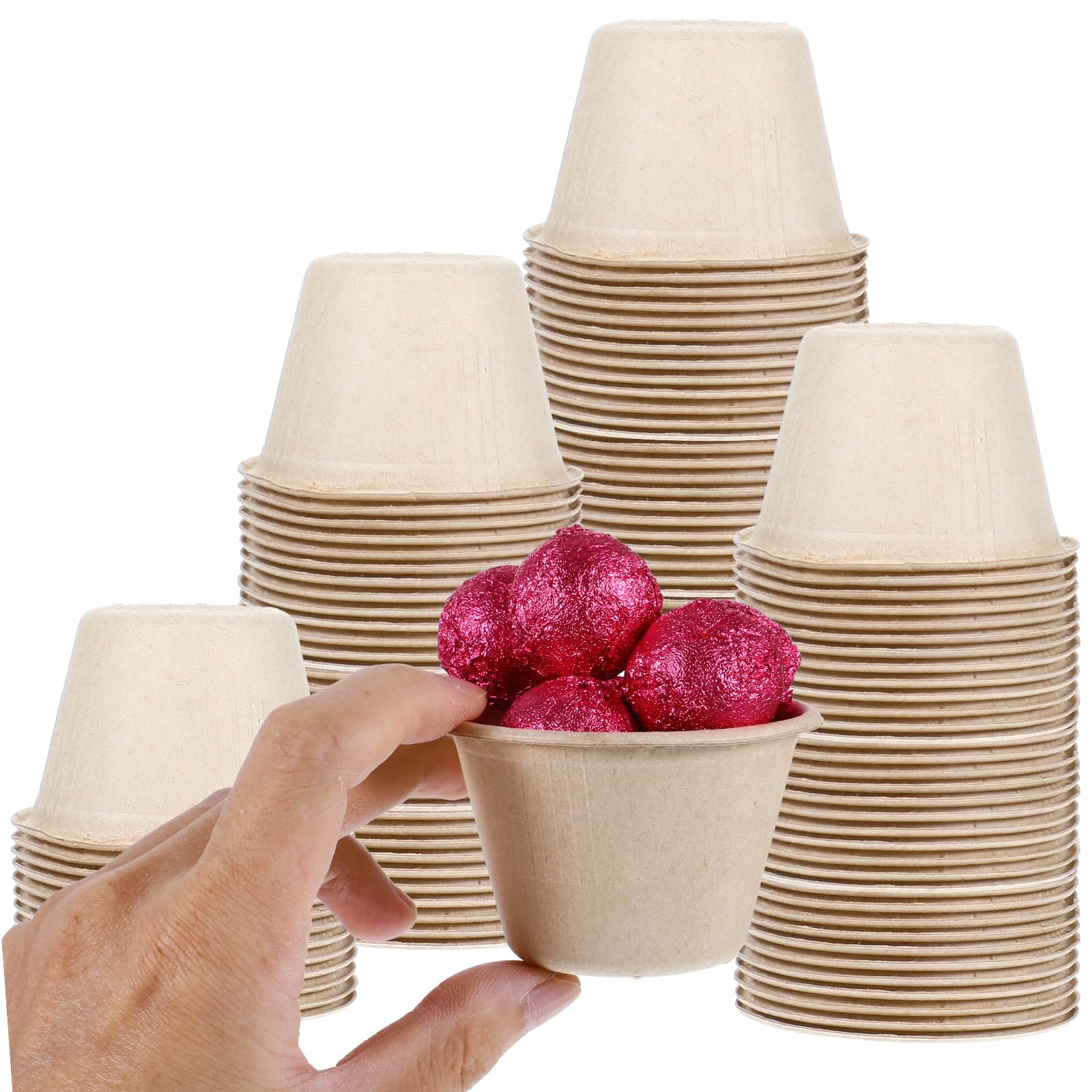 Photo 1 of 100Pack 4Oz Bagasse Fiber Condiment Cups with Lids, Paper Compostable Portion Souffle Cups, Bagasse Fiber Sample Cup for Condiment, Tomato,Sauce, Ice Cream, Jams, Honey, Snack, Butter Homeless