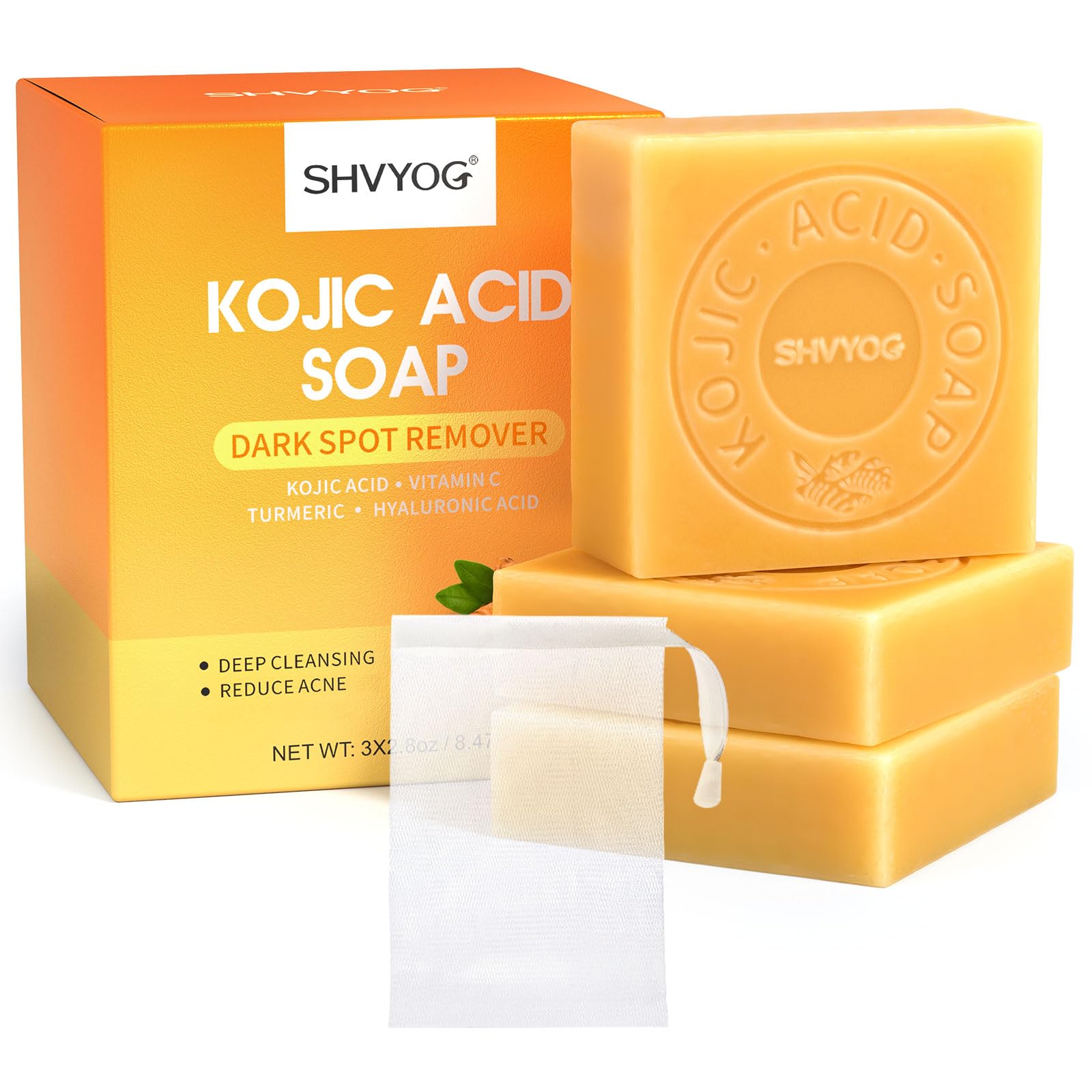 Kojic Acid Soap, Turmeric Soap Bar, Vitamin C Soap Bar, Remove Acne Blackheads Dark Spot, Hyaluronic Acid for Deep Cleansing, Gentle Soap for Face and Body Moisturizing, with A Foaming Net (3 Pack)