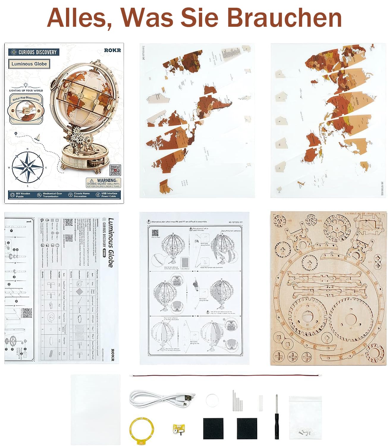 ROKR 3D Puzzle Holz Erwachsene, Holzpuzzle Modell Leuchtglobus Modellbau Bastelset Erwachsene mit LED Licht Weltkugel Bausatz Drehbar Luminous Globe Holzbausatz als Deko, Geschenk (180 Teilen) 5
