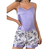 SHENHE Women's Satin Solid Colored Cami Top and Flower Print Shorts 2 Piece Pajama Set